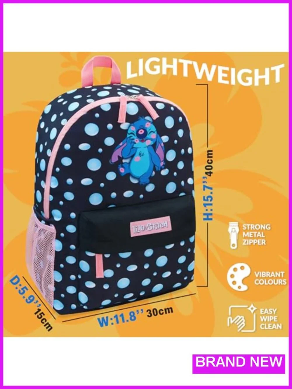 Kids Stitch Backpack for School with Padded Straps and Front Pocket